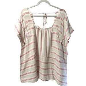 Easel Red Striped Short Sleeve Cotton Gauze Top Women's S Lagenlook Boho Slouchy